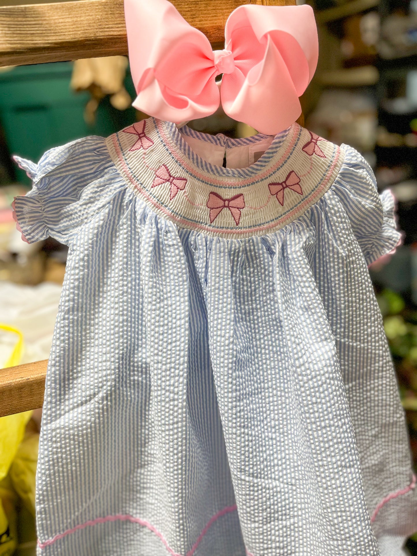 Seersucker Smocked Pink Bow Dress