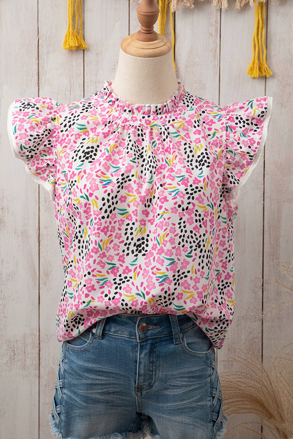 Women Abstract Print High Neck Flutter Sleeve Top | S-XL