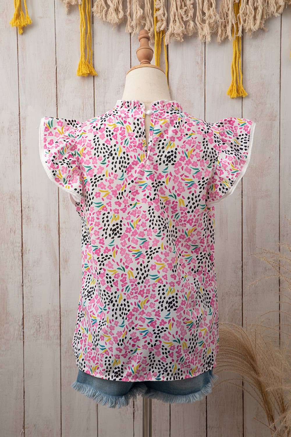 Women Abstract Print High Neck Flutter Sleeve Top | S-XL