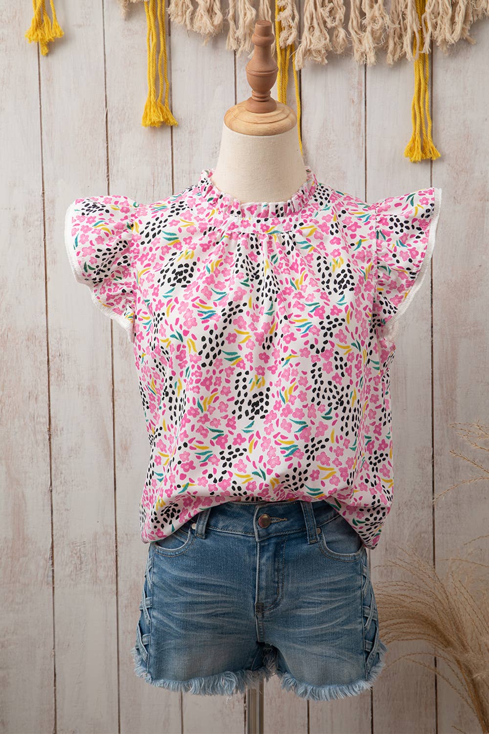 Women Abstract Print High Neck Flutter Sleeve Top | S-XL