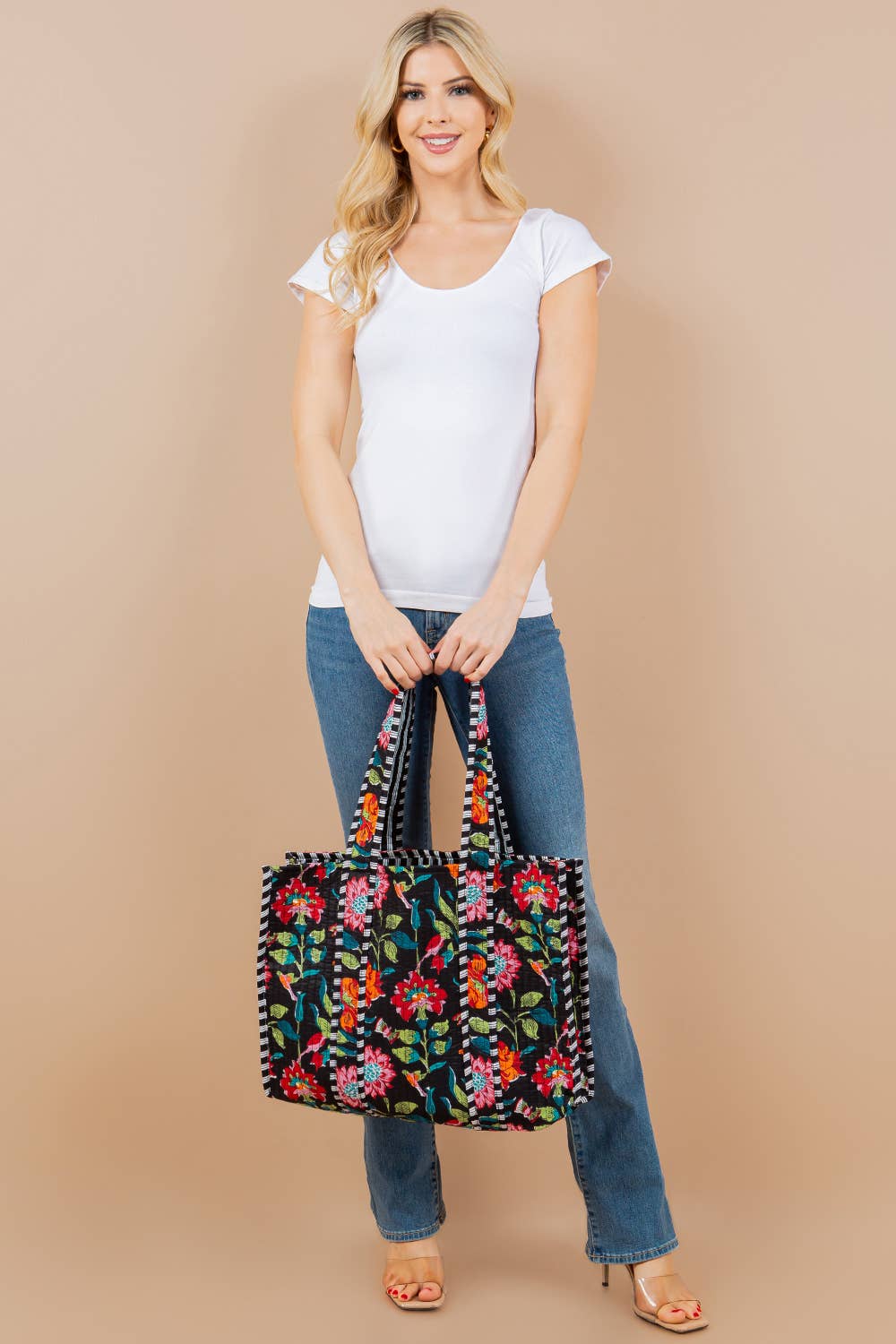 Quilted Tote Bag Black Floral