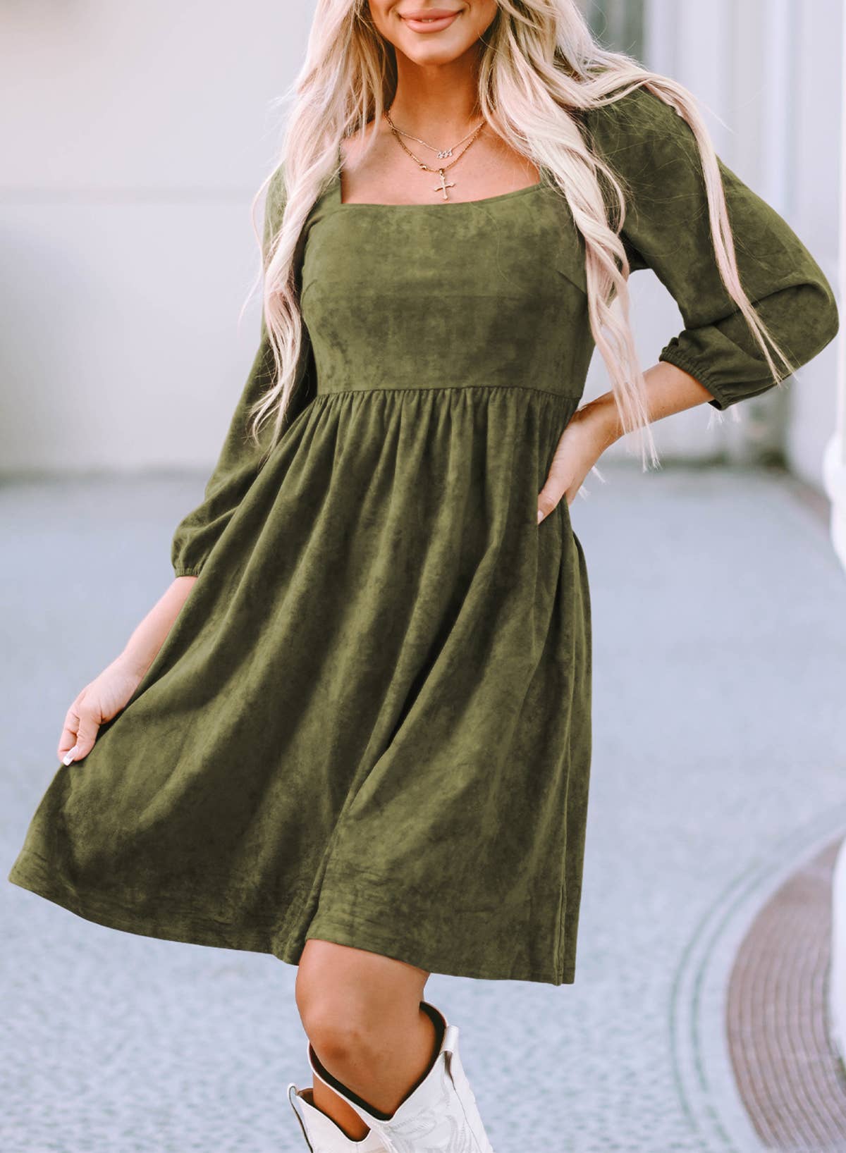 LDC Suede Square Neck Puff Sleeve Dress