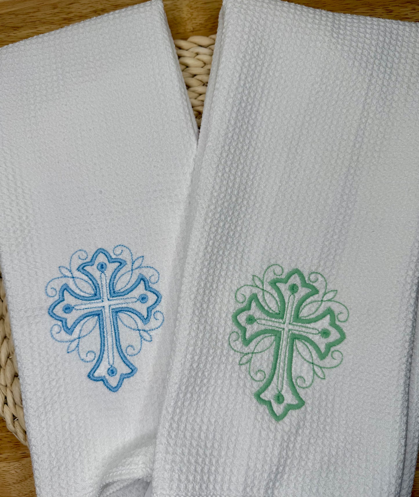 Embroidered Cross Waffle Weave Dishtowel