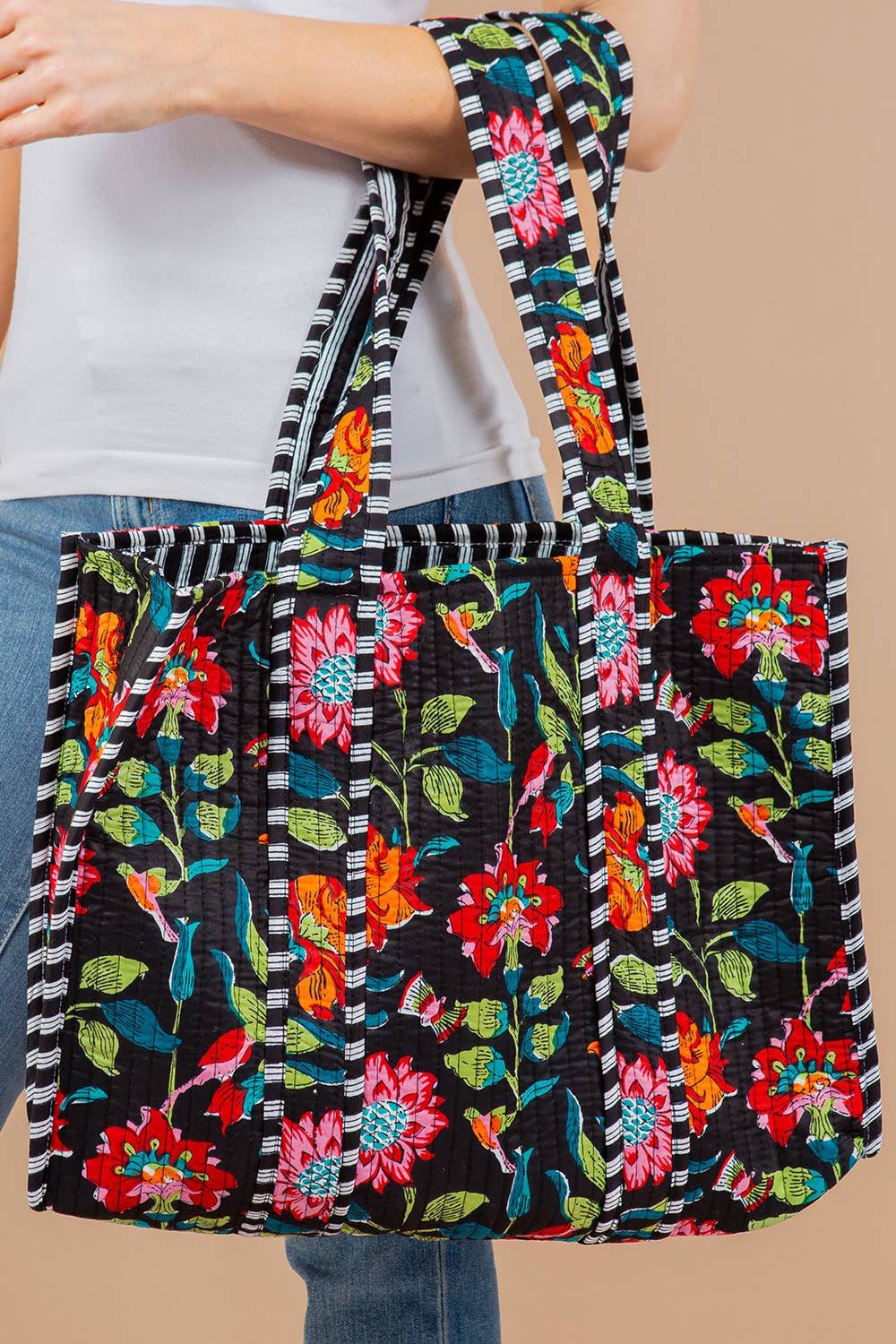 Quilted Tote Bag Black Floral
