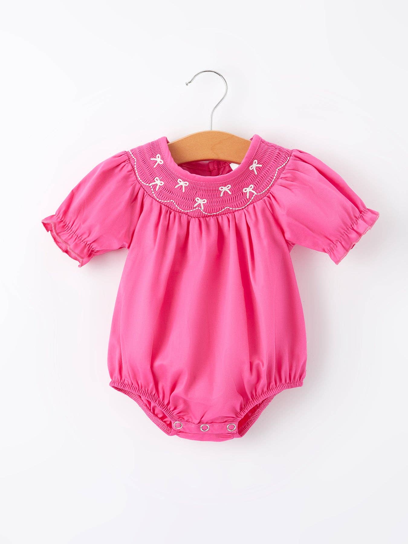 Girls Bow Smocked Embroidery Hot Pink Romper