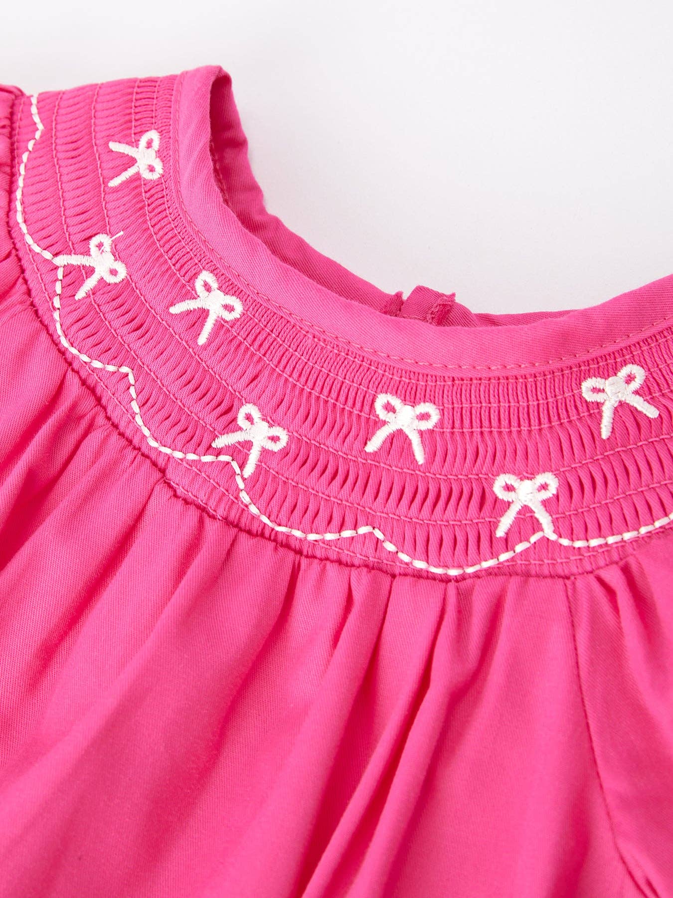 Girls Bow Smocked Embroidery Hot Pink Romper