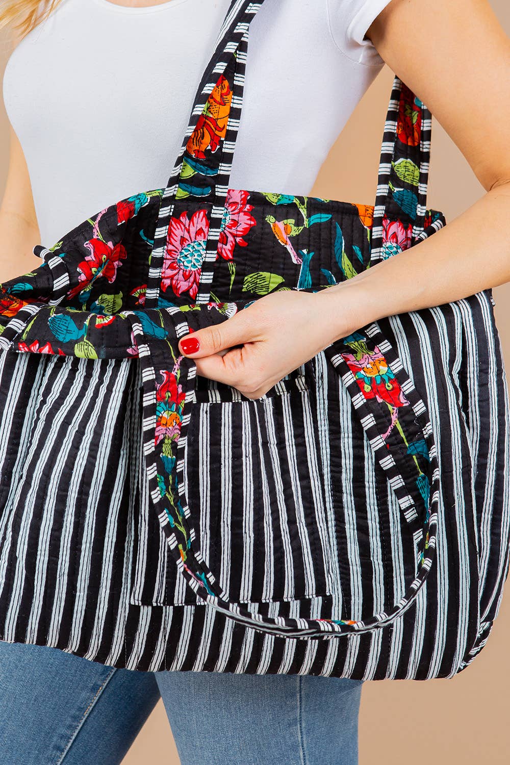 Quilted Tote Bag Black Floral