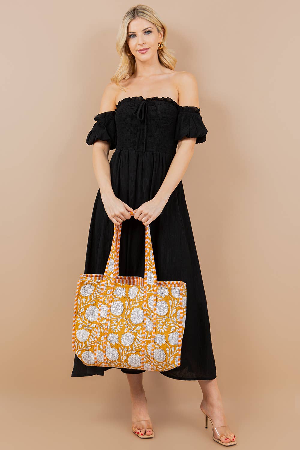 Quilted Tote Bag- Gold, Beige & Black