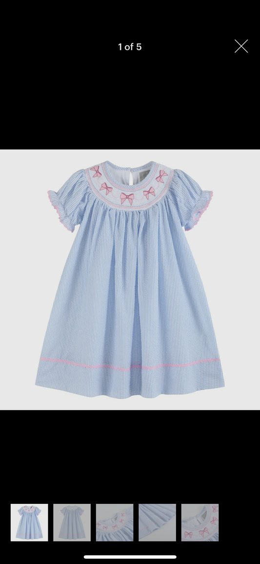 Seersucker Smocked Pink Bow Dress