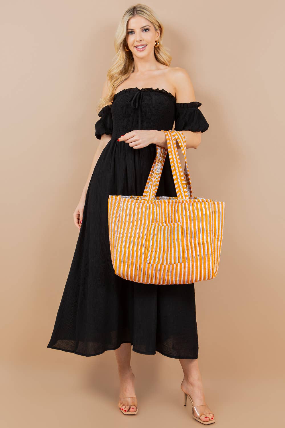 Quilted Tote Bag- Gold, Beige & Black