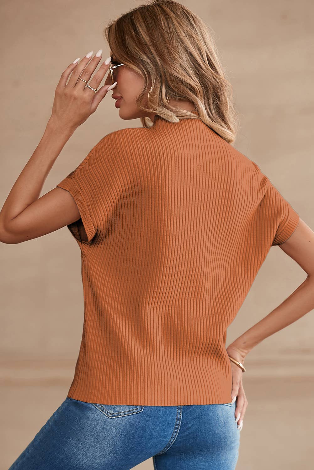 Solid Patch Pocket Ribbed Knit Short Sleeve Sweater