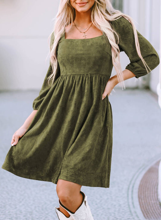 LDC Suede Square Neck Puff Sleeve Dress