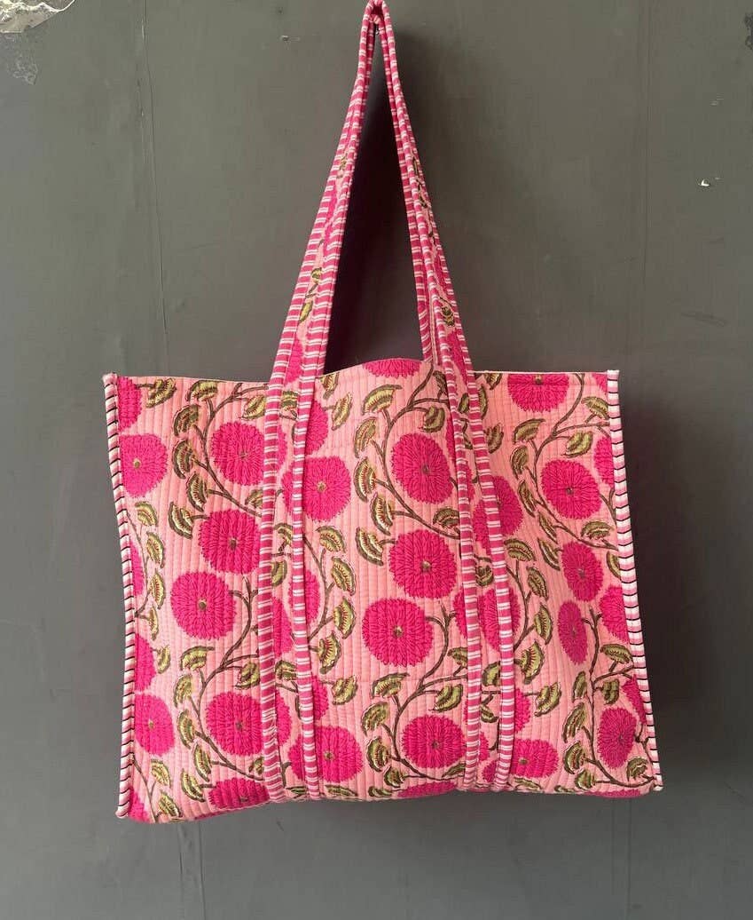 Floral & Block Print Quilted Kantha Tote Bag for Women
