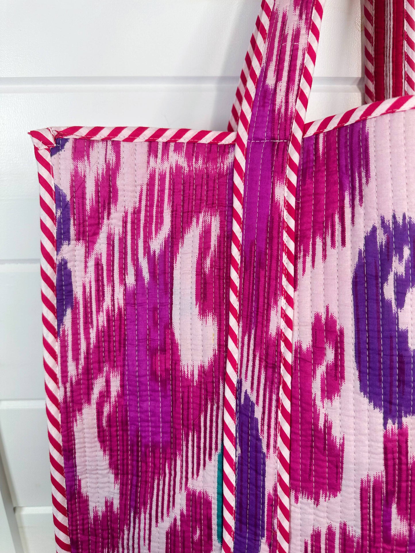 Cotton Quilted Block Print Tote Bag - Purple Ikat Tie Dye