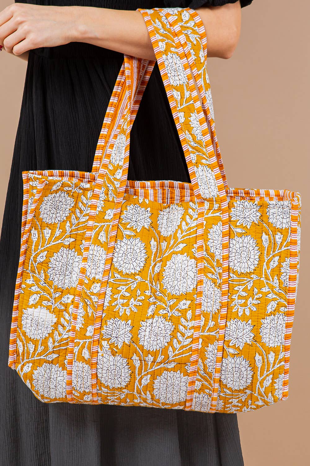 Quilted Tote Bag- Gold, Beige & Black