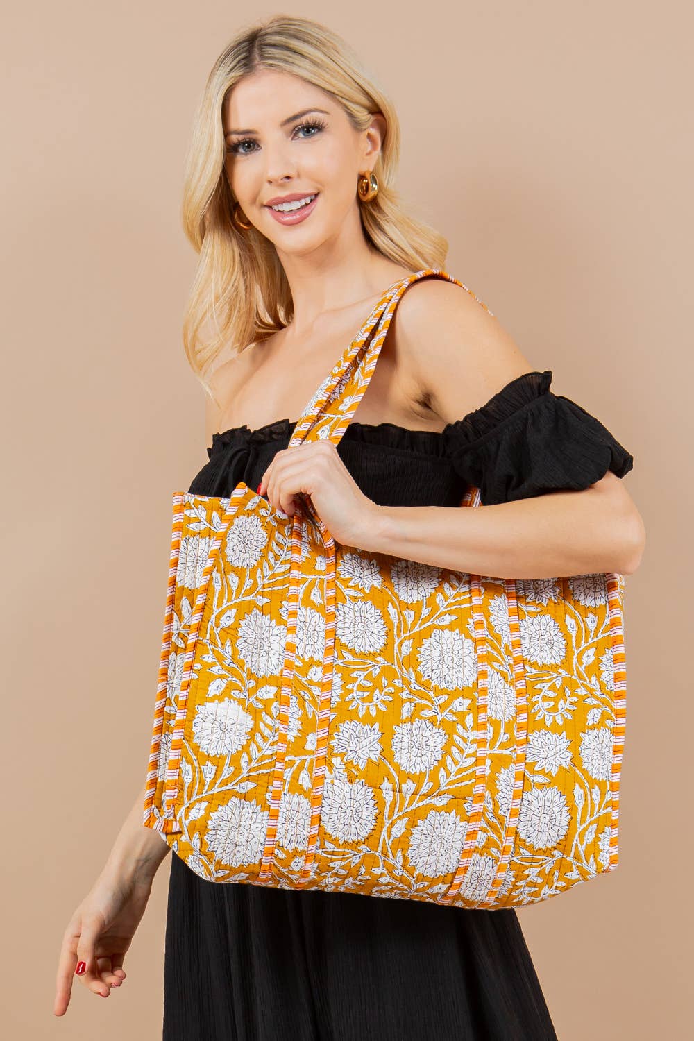 Quilted Tote Bag- Gold, Beige & Black