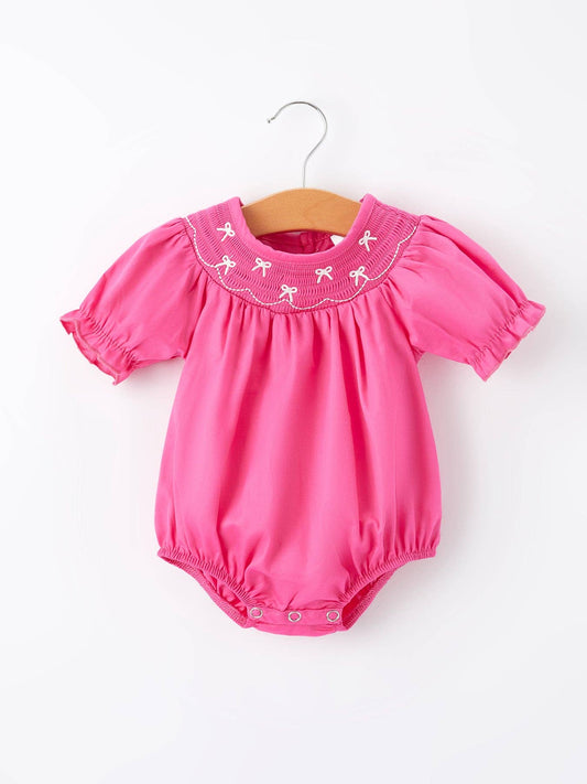 Girls Bow Smocked Embroidery Hot Pink Romper