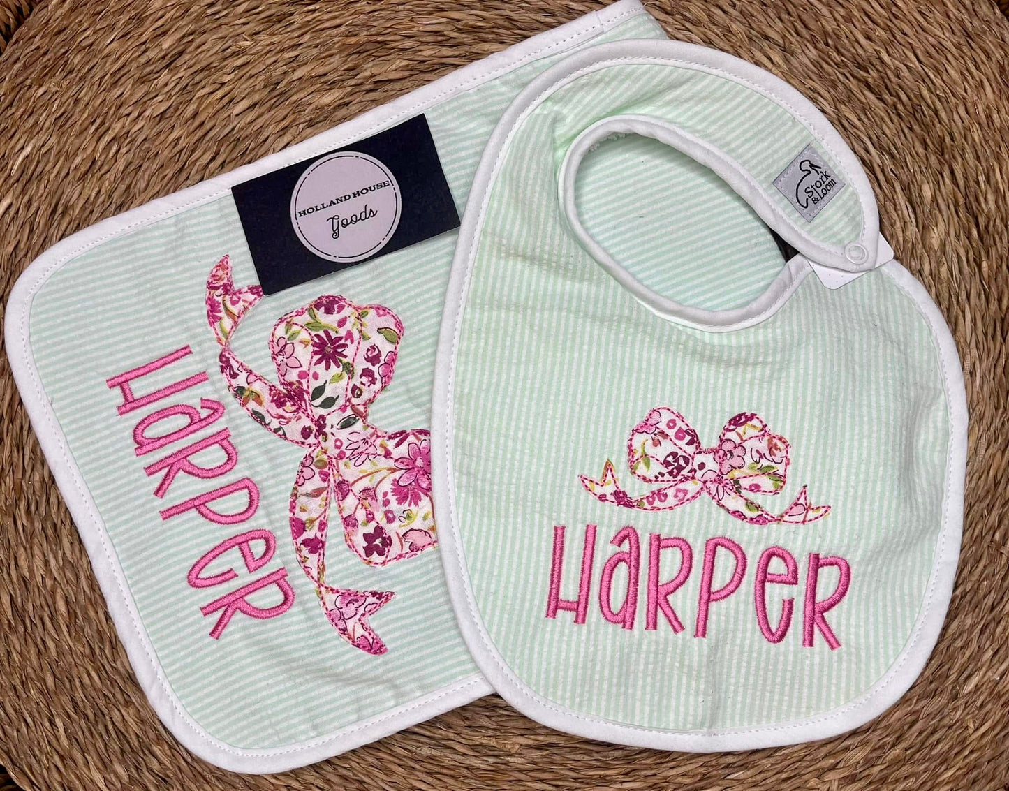 Embroidered Bib & Burp Cloth Set