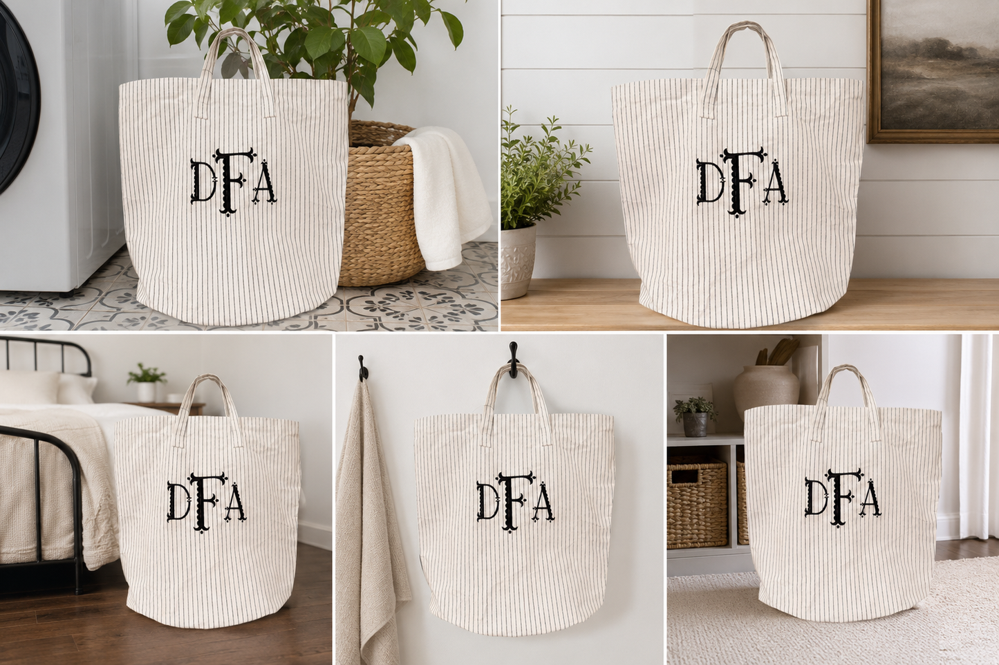 Ticking Stripe Monogram Laundry Tote