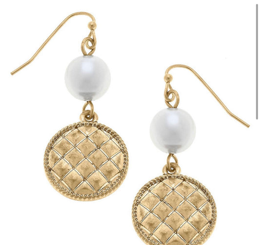 Andee Pearl and Quilted Gold Earrings