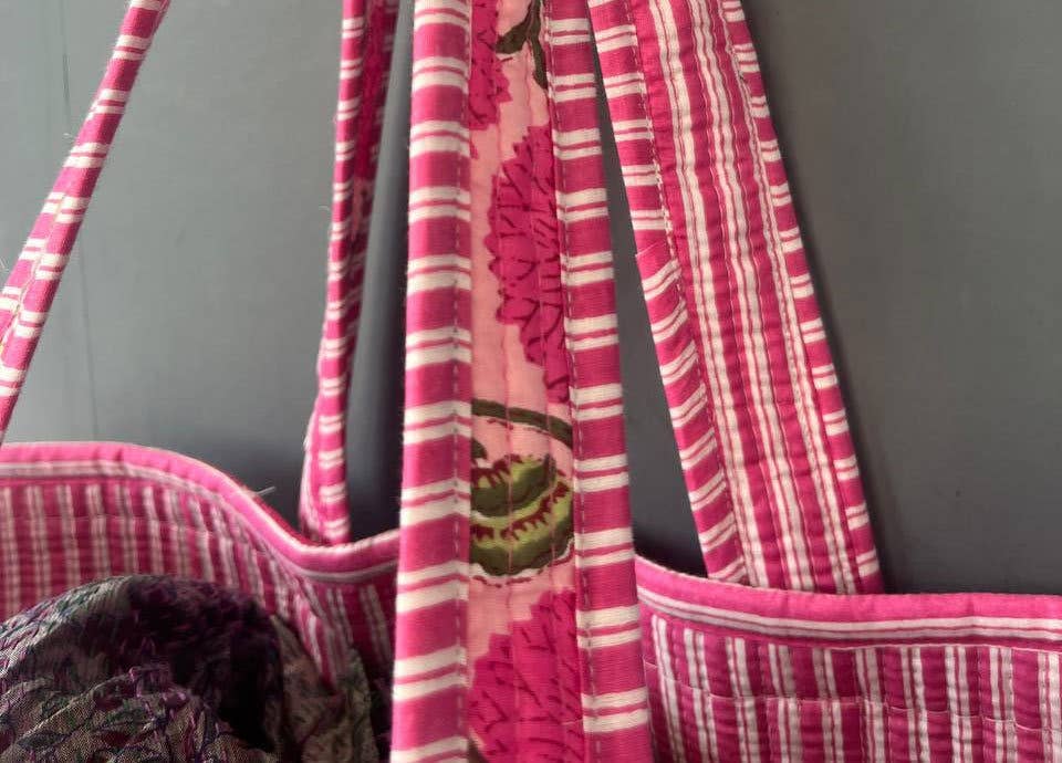 Floral & Block Print Quilted Kantha Tote Bag for Women