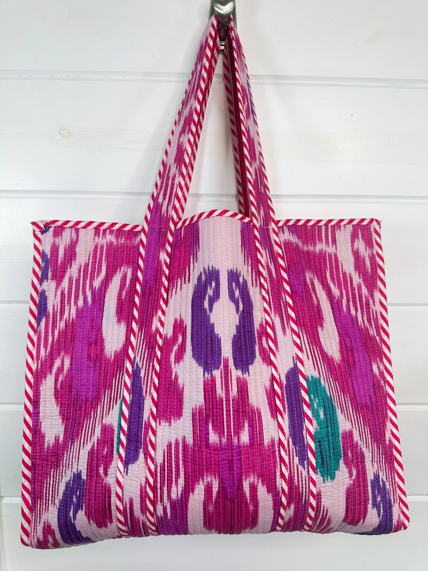 Cotton Quilted Block Print Tote Bag - Purple Ikat Tie Dye
