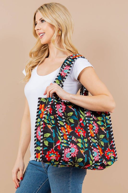 Quilted Tote Bag Black Floral