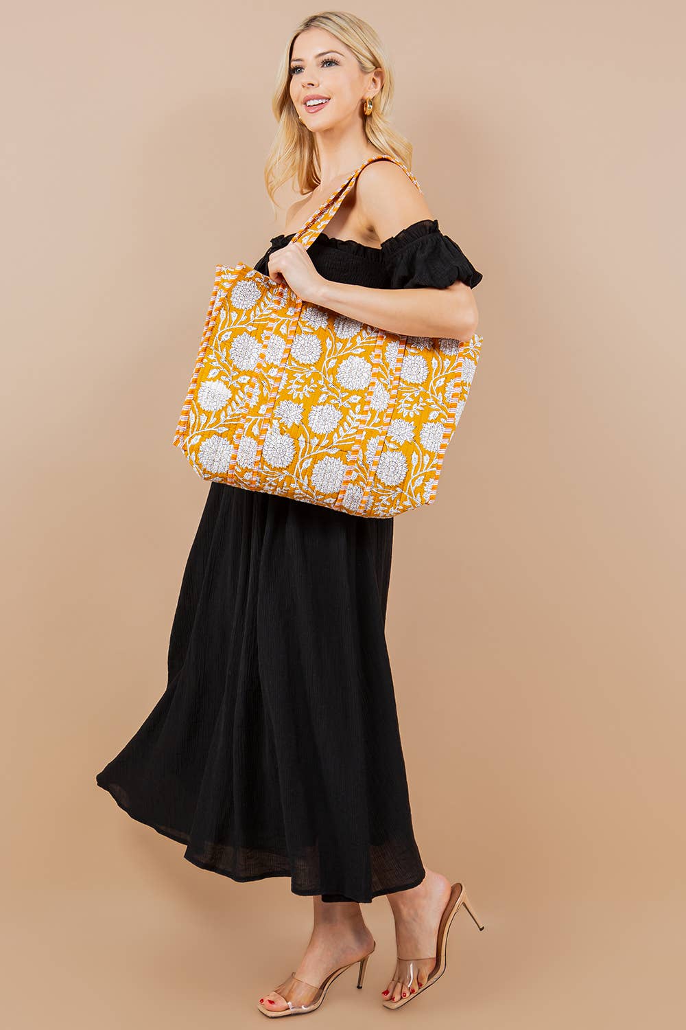 Quilted Tote Bag- Gold, Beige & Black