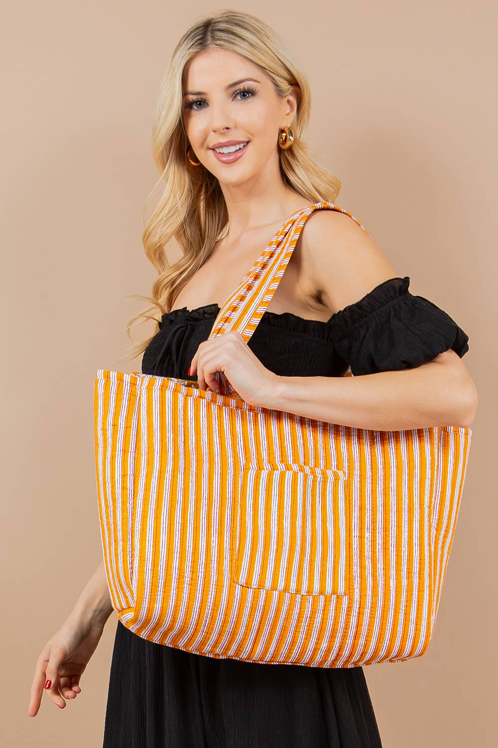 Quilted Tote Bag- Gold, Beige & Black