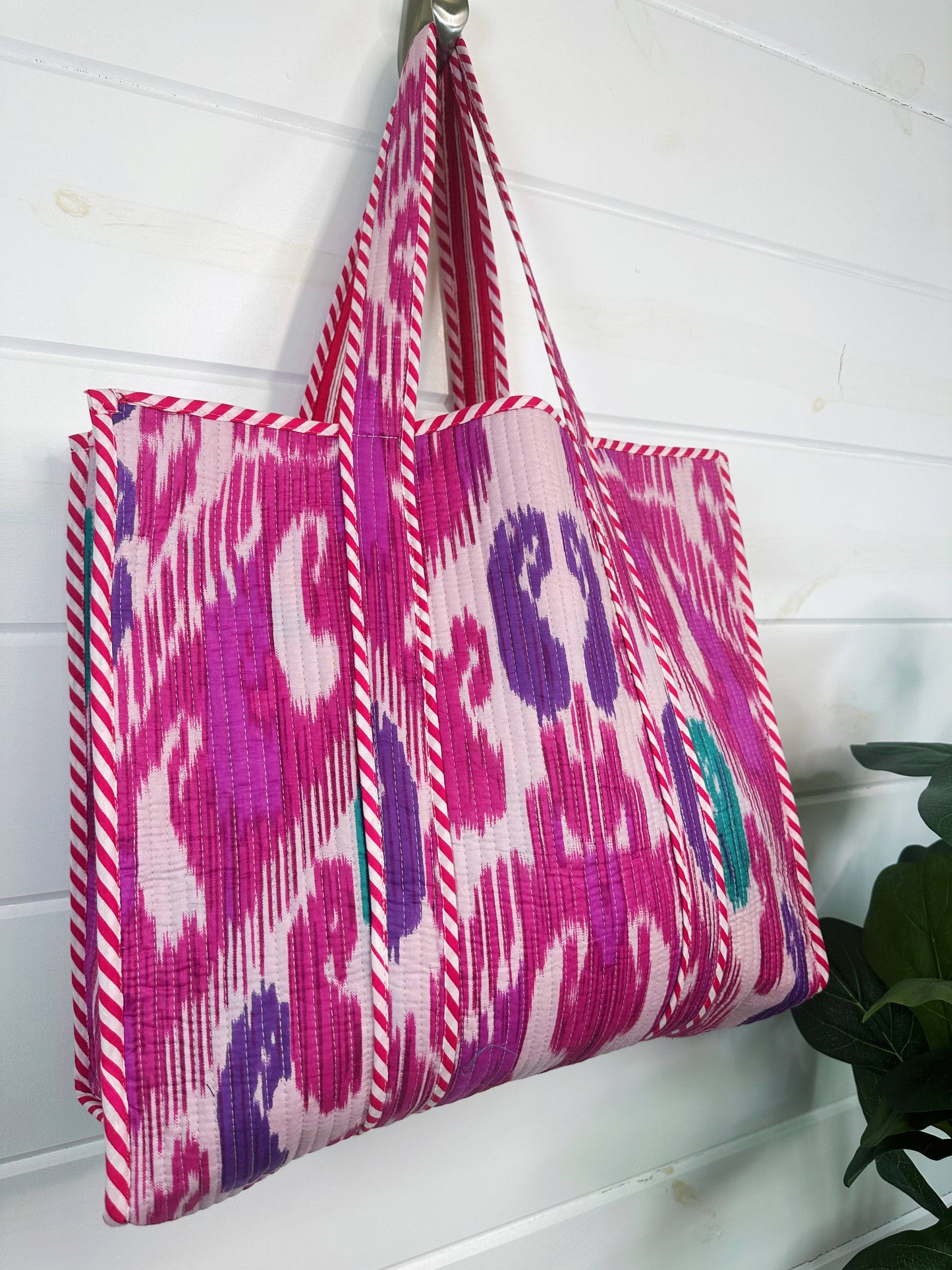 Cotton Quilted Block Print Tote Bag - Purple Ikat Tie Dye