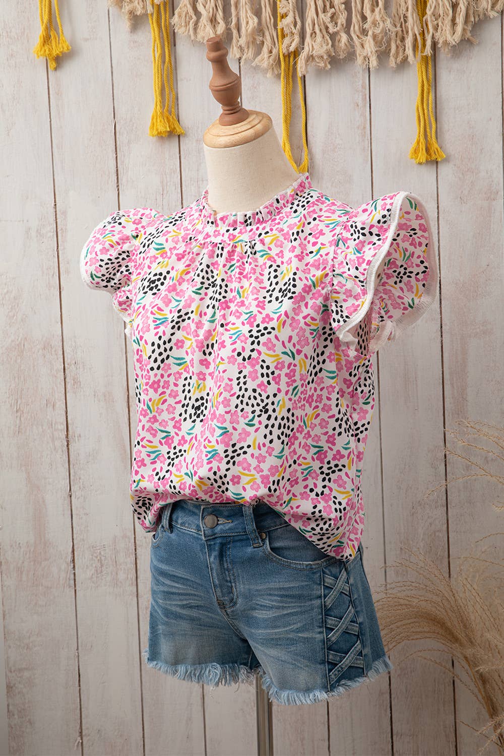Women Abstract Print High Neck Flutter Sleeve Top | S-XL